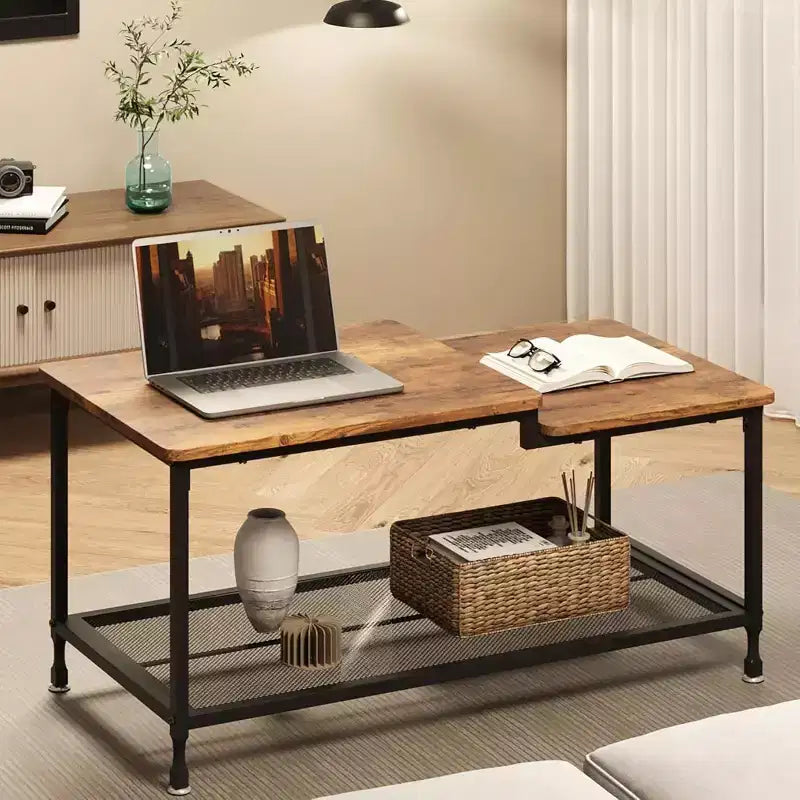 Acekool Table Basse Rectangulaire Moderne Mid-Century avec Tiroirs, Étagères Ouvertes et Finition Bois Clair - Montage Facile, 108 cm