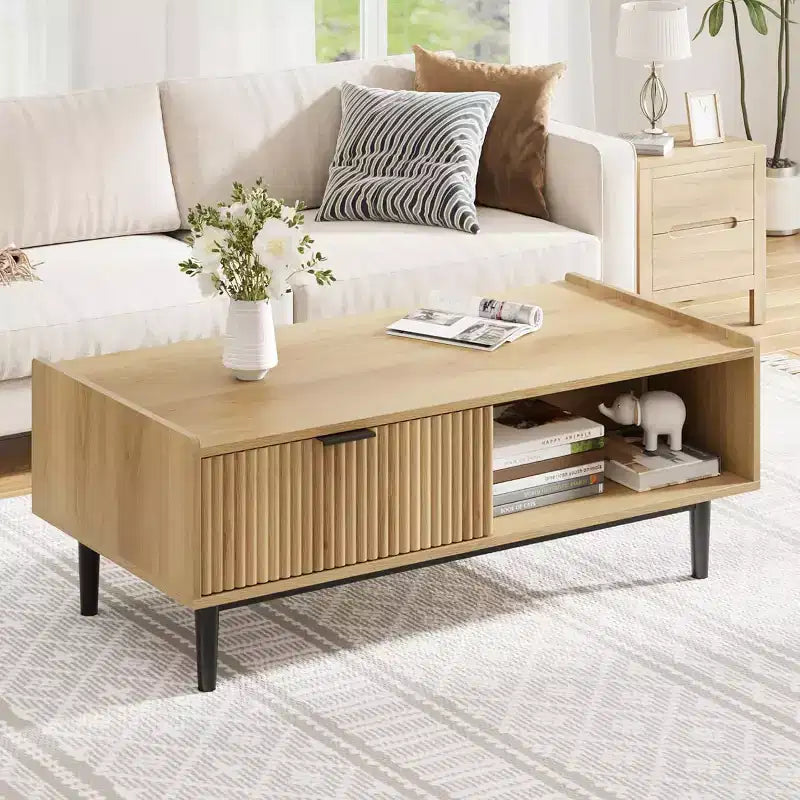 Acekool Table Basse Rectangulaire Moderne Mid-Century avec Tiroirs, Étagères Ouvertes et Finition Bois Clair - Montage Facile, 108 cm