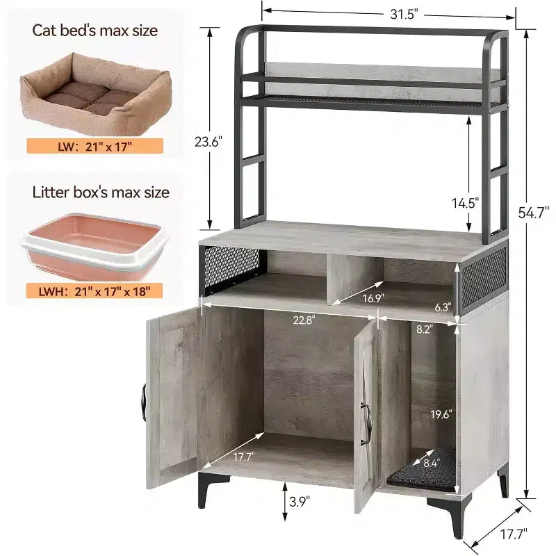 Grand meuble cache-litière avec étagère ouverte et compartiments, meuble cache-litière d'intérieur pour chat avec cadre en métal, pour la plupart des bacs à litière