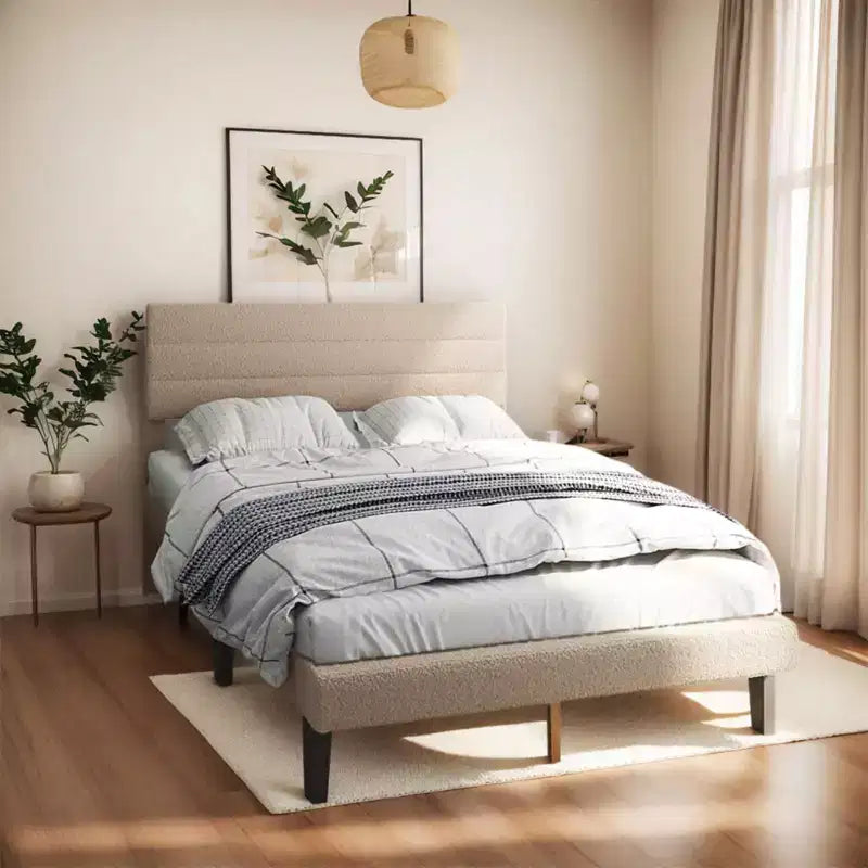 Karl Home Twin Size Bed Frame with Boucle Upholstered Headboard, Platform Bed Beige