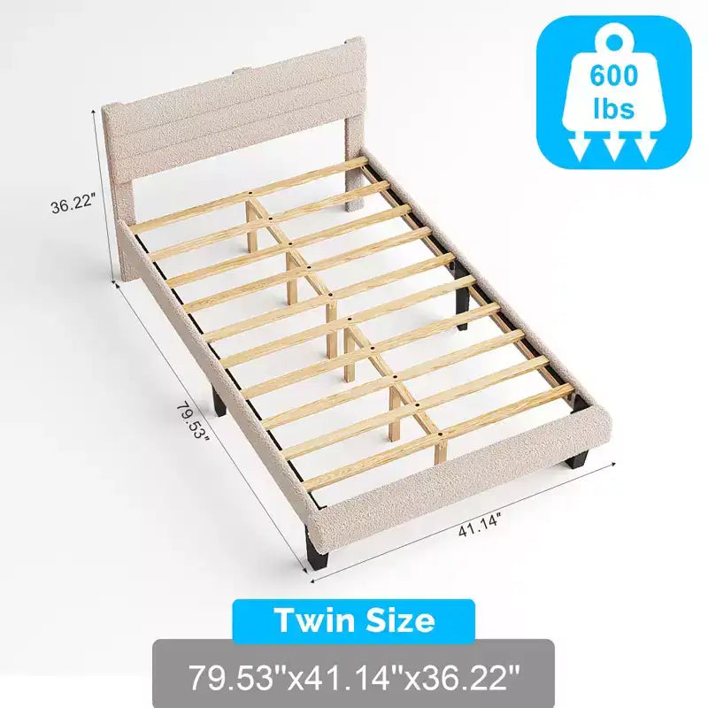 Cadre de lit double Karl Home avec tête de lit capitonnée en boucle, plateforme de lit beige