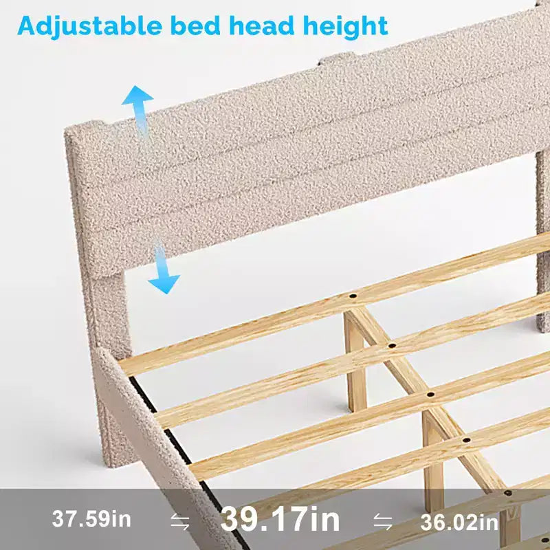 Cadre de lit double Karl Home avec tête de lit capitonnée en boucle, plateforme de lit beige