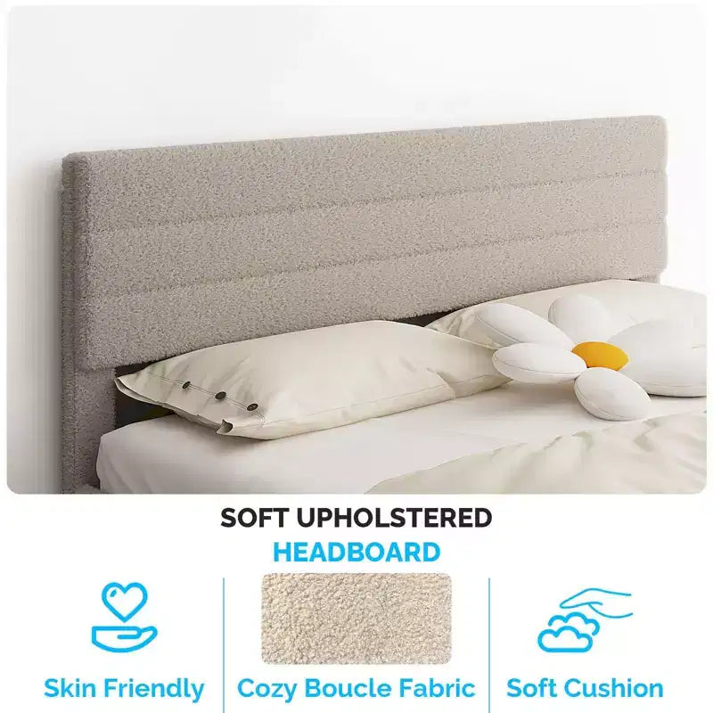 Cadre de lit double Karl Home avec tête de lit capitonnée en boucle, plateforme de lit beige