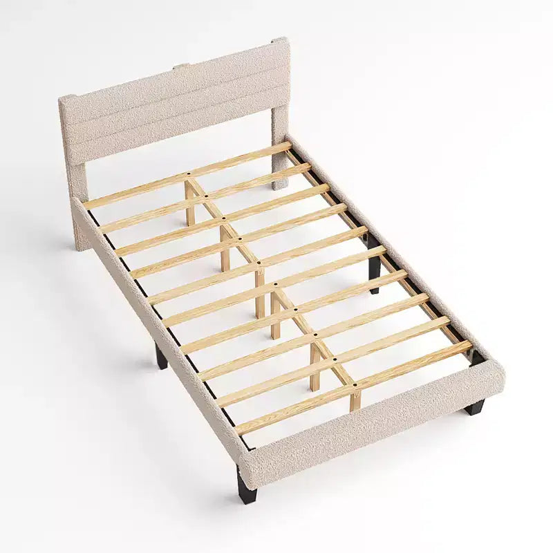 Cadre de lit double Karl Home avec tête de lit capitonnée en boucle, plateforme de lit beige
