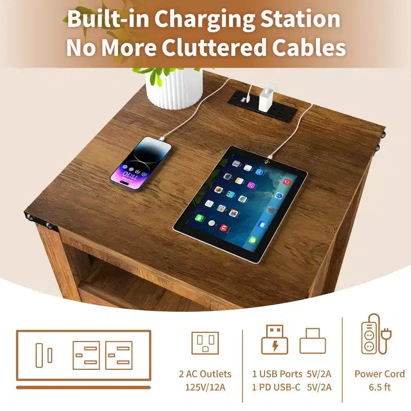 Table de chevet Dyonery avec station de charge, table de nuit rustique de 45 cm avec 2 tiroirs de rangement et étagère ouverte