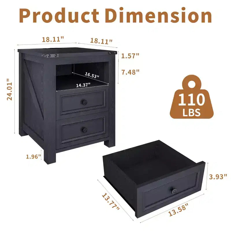 Table de chevet Dyonery avec station de charge, table de nuit rustique de 45 cm avec 2 tiroirs de rangement et étagère ouverte
