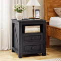 Dyonery Night Stand with Charging Station, Rustic 18 Inch Bedside Table with 2 Storage Drawers and Open Shelf