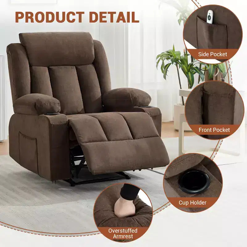 Fauteuil inclinable, Canapé inclinable manuel avec massage et chaleur, Fauteuil à bascule surrembourré avec poches latérales, poches avant et porte-gobelet pour salon