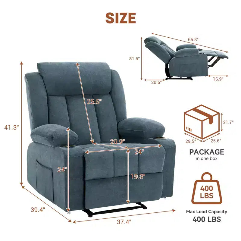 Fauteuil inclinable, Canapé inclinable manuel avec massage et chaleur, Fauteuil à bascule surrembourré avec poches latérales, poches avant et porte-gobelet pour salon
