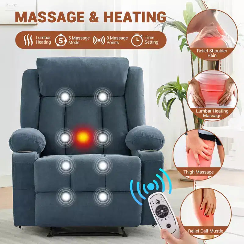 Fauteuil inclinable, Canapé inclinable manuel avec massage et chaleur, Fauteuil à bascule surrembourré avec poches latérales, poches avant et porte-gobelet pour salon