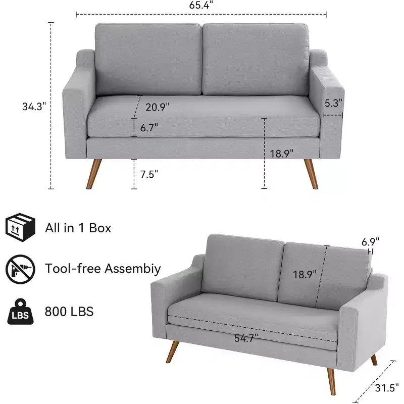 Canapé Dyonery 65,4, canapé confortable en lin, petit canapé moderne médiéval, avec coussins à ressorts, cadre en bois massif, assemblage sans outils