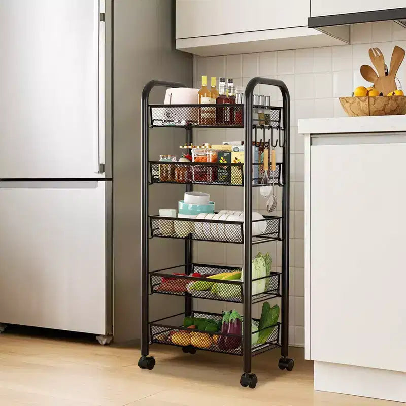 GustoWave 5-Tier Storage Rack with Rotating Wheels for Kitchen