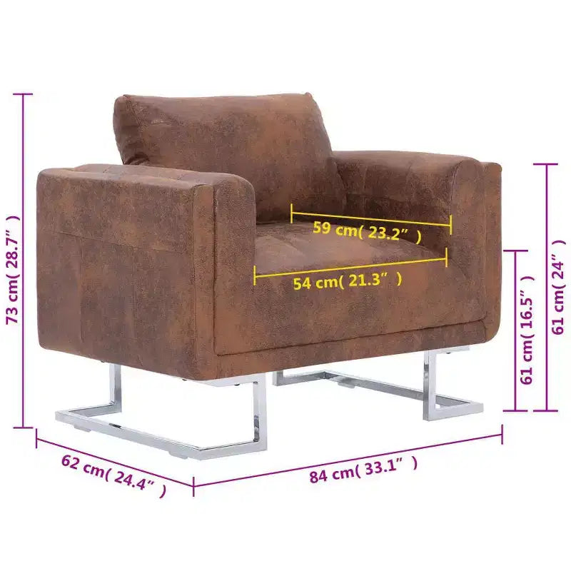 vidaXL Fauteuil cube – Revêtement en similicuir marron façon daim, conception ergonomique, cadre en bois robuste, pieds chromés élégants, assise confortable