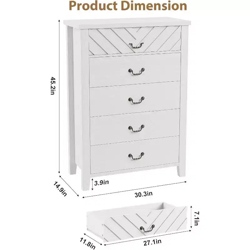 Commode Acekool Farmhouse à 5 tiroirs, commode de rangement verticale haute de 114 cm avec façades de tiroirs géométriques pour chambre, placard, entrée