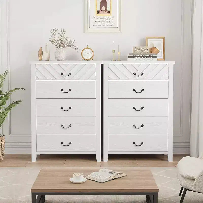 Commode Acekool Farmhouse à 5 tiroirs, commode de rangement verticale haute de 114 cm avec façades de tiroirs géométriques pour chambre, placard, entrée