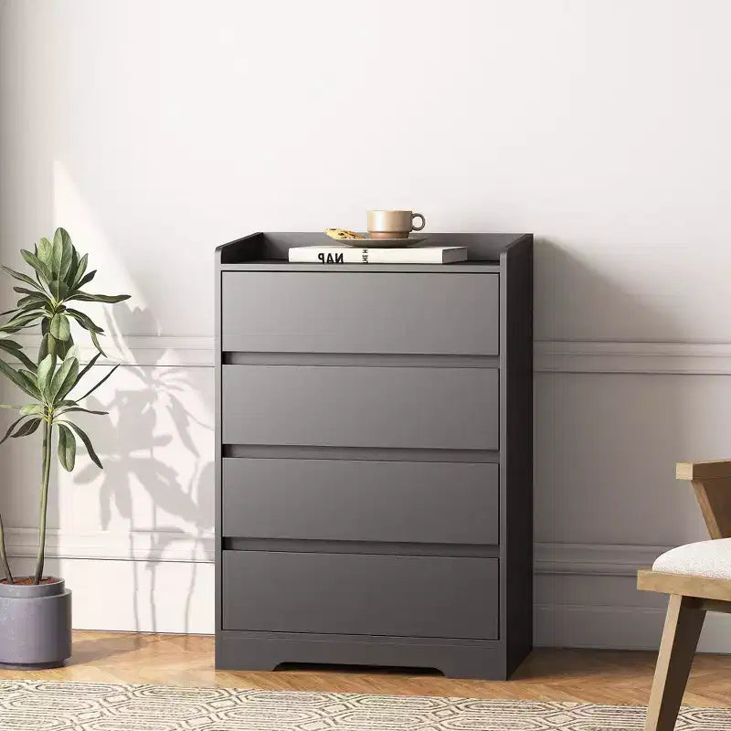 Commode de chambre moderne Okak avec 4 tiroirs, table de chevet étanche en bois, meuble de rangement pour salon, couloir, entrée, montage facile