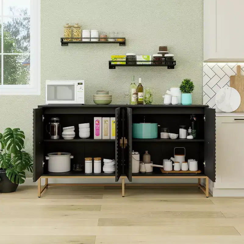 Meuble de Rangement Moderne Okak avec 4 Portes Sculptées et Étagère Réglable, Buffet de Salle à Manger Meuble Bar à Café pour Salon, Salle à Manger, Cuisine