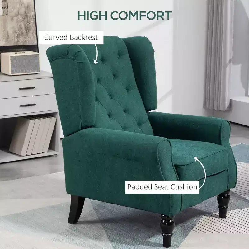 Fauteuil d'appoint Okak, fauteuil de salon capitonné avec coussin arrondi rembourré, fauteuil à dossier haut et accoudoirs avec pieds en bois pour salon et chambre