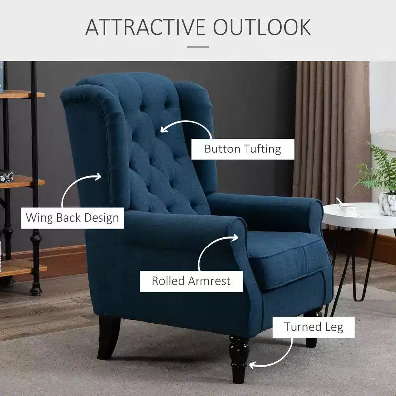 Fauteuil d'appoint Okak, fauteuil de salon capitonné avec coussin arrondi rembourré, fauteuil à dossier haut et accoudoirs avec pieds en bois pour salon et chambre