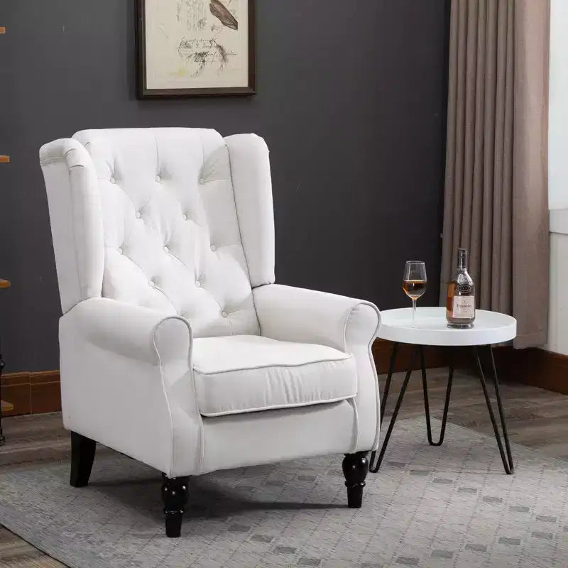 Fauteuil d'appoint Okak, fauteuil de salon capitonné avec coussin arrondi rembourré, fauteuil à dossier haut et accoudoirs avec pieds en bois pour salon et chambre