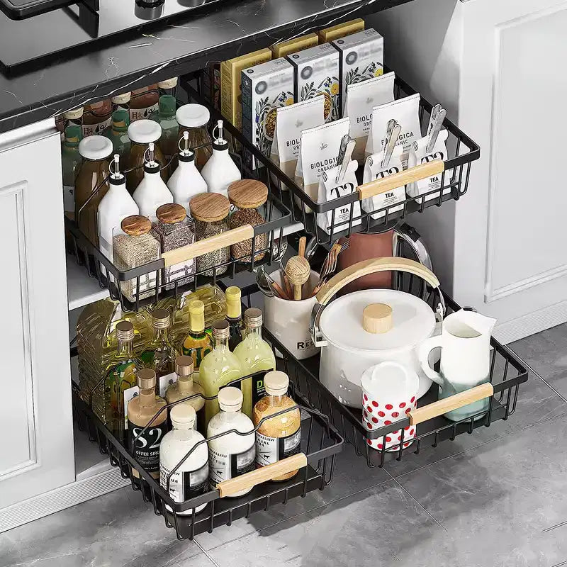 Organisateur de placard coulissant, panier de placard en maille coulissant multifonctionnel avec 2 lignes de voiture, pour cuisine garde-manger salle de bain chambre noir
