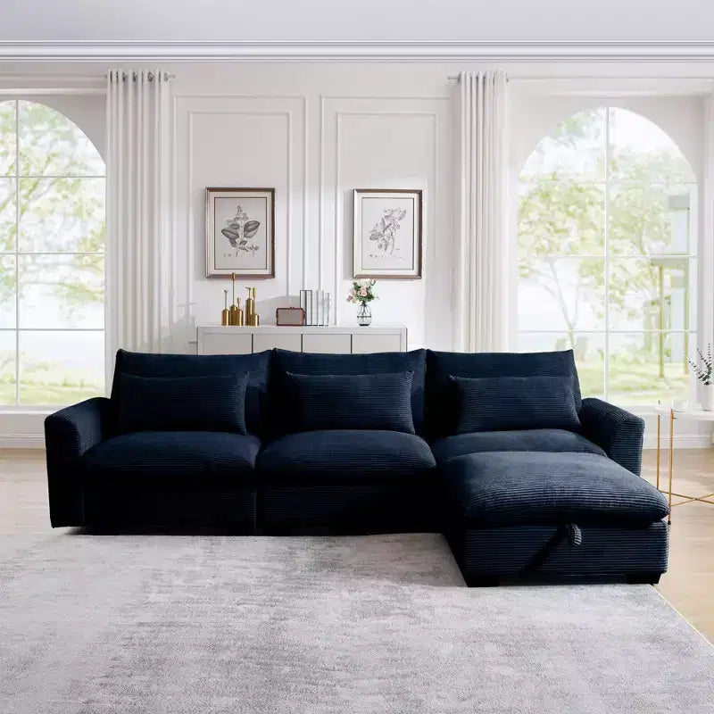 Canapé d'angle convertible Okak Comfy avec pouf de rangement et 3 oreillers, canapé moderne en velours côtelé pour salon, appartement