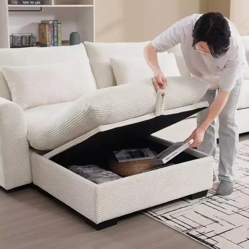 Canapé d'angle convertible Okak Comfy avec pouf de rangement et 3 oreillers, canapé moderne en velours côtelé pour salon, appartement