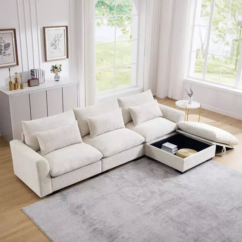 Canapé d'angle convertible Okak Comfy avec pouf de rangement et 3 oreillers, canapé moderne en velours côtelé pour salon, appartement