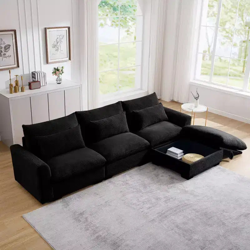 Canapé d'angle convertible Okak Comfy avec pouf de rangement et 3 oreillers, canapé moderne en velours côtelé pour salon, appartement