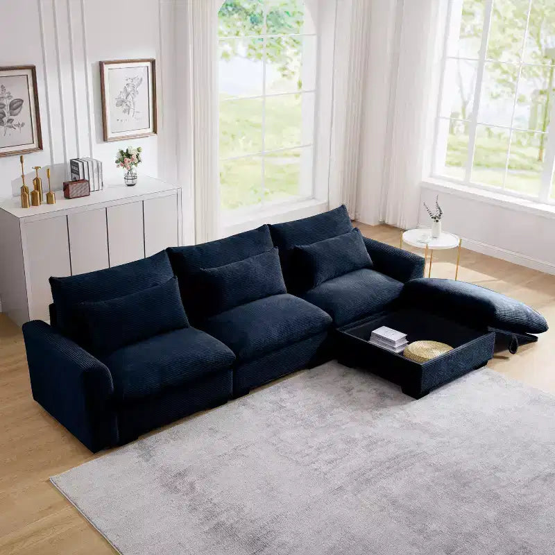 Canapé d'angle convertible Okak Comfy avec pouf de rangement et 3 oreillers, canapé moderne en velours côtelé pour salon, appartement