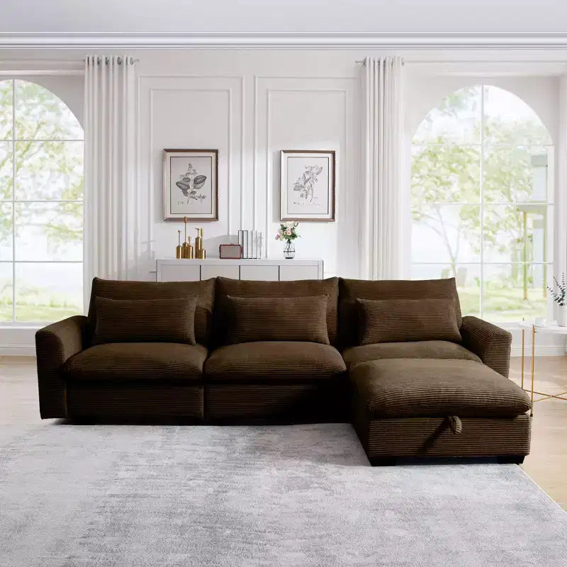 Canapé d'angle convertible Okak Comfy avec pouf de rangement et 3 oreillers, canapé moderne en velours côtelé pour salon, appartement