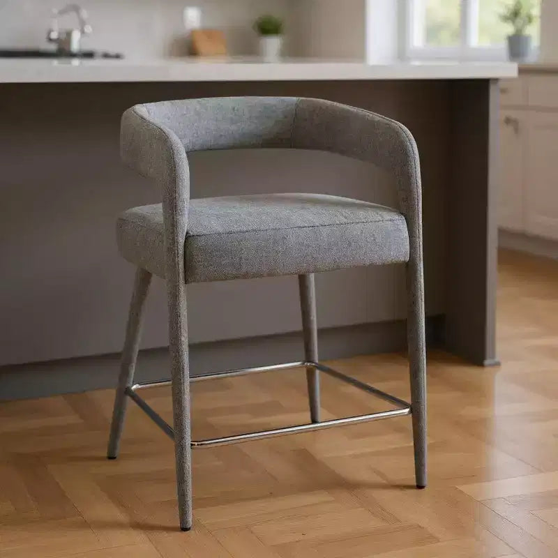 25 chaises de bar de comptoir grises en métal et tissu à dossier bas