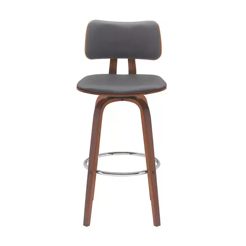 HomeRoots 30 Gray And Wood Brown Faux Leather Swivel Low Back Bar Height Bar Chair