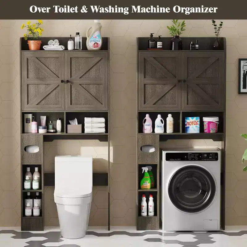 Dyonery 70 Meuble de rangement sur toilettes avec portes de grange, étagère de salle de bain haute avec porte-papier toilette, pour toilettes, buanderie, blanc