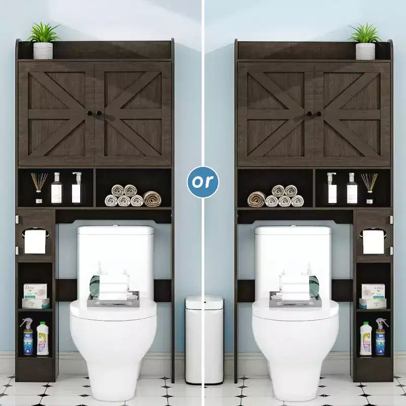 Dyonery 70 Meuble de rangement sur toilettes avec portes de grange, étagère de salle de bain haute avec porte-papier toilette, pour toilettes, buanderie, blanc