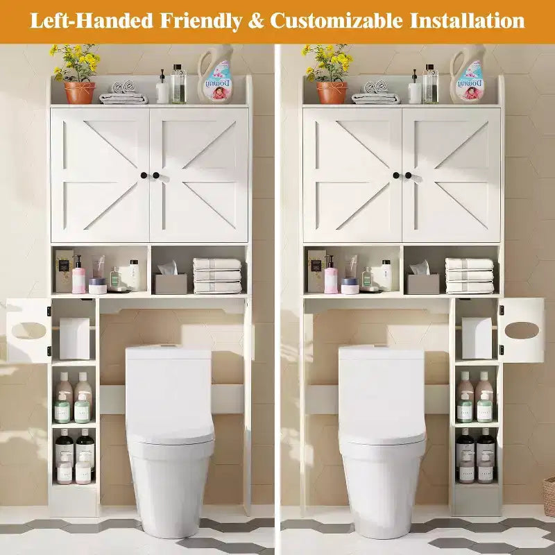 Dyonery 70 Meuble de rangement sur toilettes avec portes de grange, étagère de salle de bain haute avec porte-papier toilette, pour toilettes, buanderie, blanc