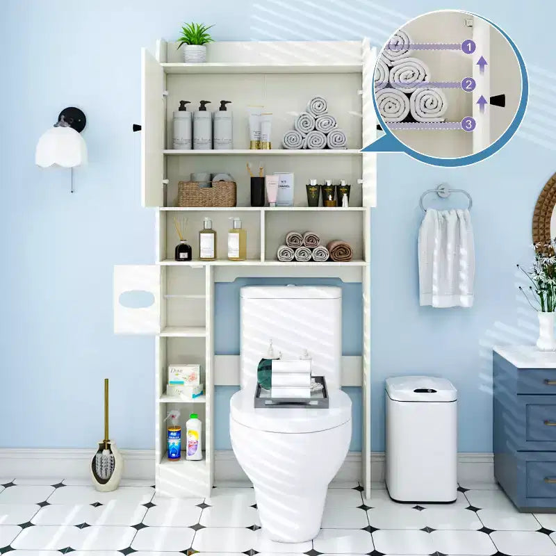 Dyonery 70 Meuble de rangement sur toilettes avec portes de grange, étagère de salle de bain haute avec porte-papier toilette, pour toilettes, buanderie, blanc