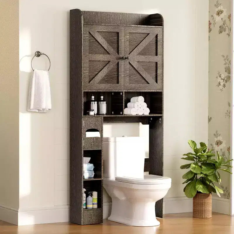 Dyonery 70 Meuble de rangement sur toilettes avec portes de grange, étagère de salle de bain haute avec porte-papier toilette, pour toilettes, buanderie, blanc