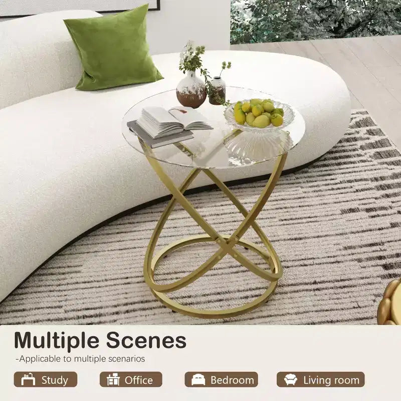 Table basse en verre, table basse ronde avec cadre en métal annulaire, table basse minimaliste moderne