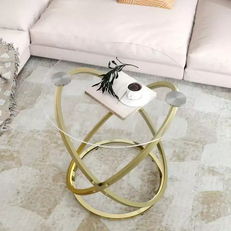 Glass Coffee Table, Round Coffee Table with Ring Metal Frame, Modern Minimalist Coffee Table