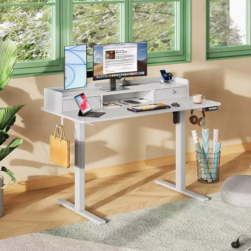 GALAXHERO Bureau debout électrique réglable de 48 à 24 pouces avec tiroirs pour bureau à domicile, bureau assis-debout avec étagère de rangement