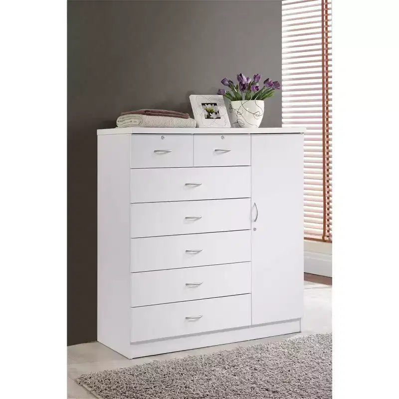 Commode jumbo HomeStock à 7 tiroirs, cinq grands tiroirs, deux petits tiroirs avec deux serrures, tringle de suspension et trois étagères, commode verticale