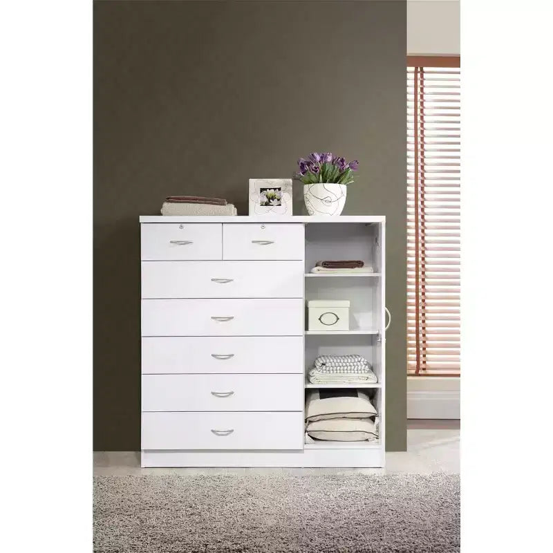 Commode jumbo HomeStock à 7 tiroirs, cinq grands tiroirs, deux petits tiroirs avec deux serrures, tringle de suspension et trois étagères, commode verticale