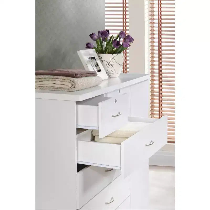 Commode jumbo HomeStock à 7 tiroirs, cinq grands tiroirs, deux petits tiroirs avec deux serrures, tringle de suspension et trois étagères, commode verticale