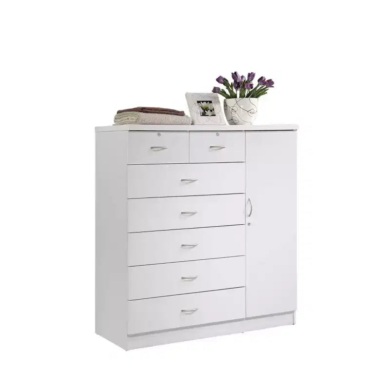 Commode jumbo HomeStock à 7 tiroirs, cinq grands tiroirs, deux petits tiroirs avec deux serrures, tringle de suspension et trois étagères, commode verticale