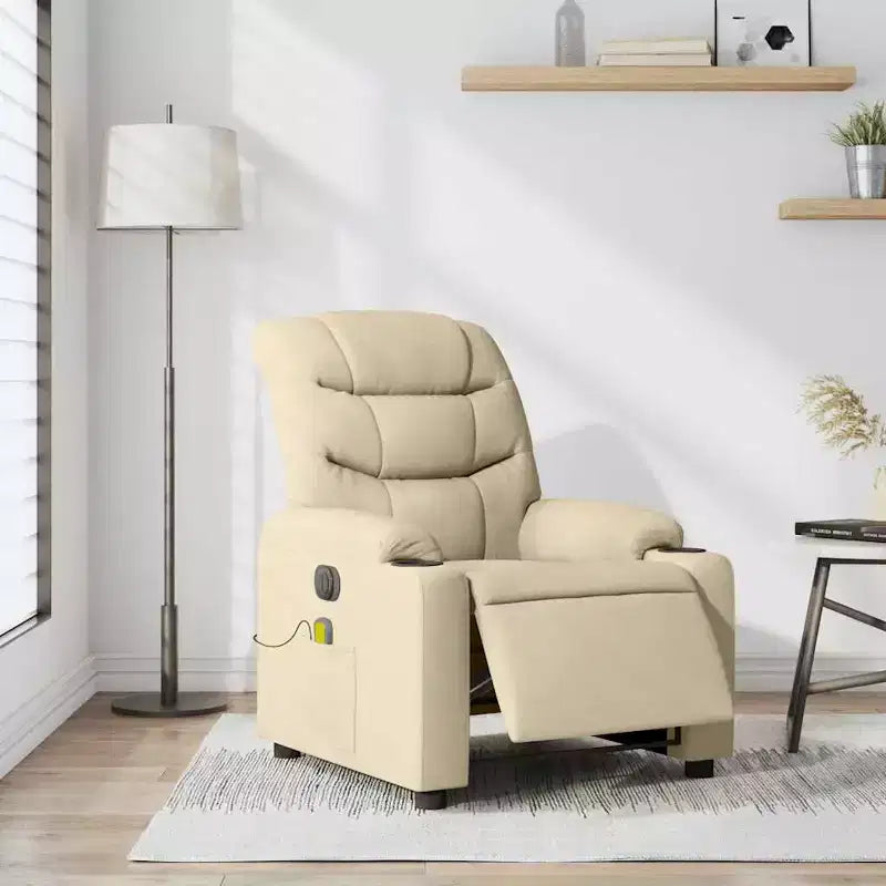 vidaXL Fauteuil inclinable de massage électrique - Tissu crème avec dossier/repose-pieds à réglage automatique, massage par vibrations, porte-gobelets pour un confort home cinéma