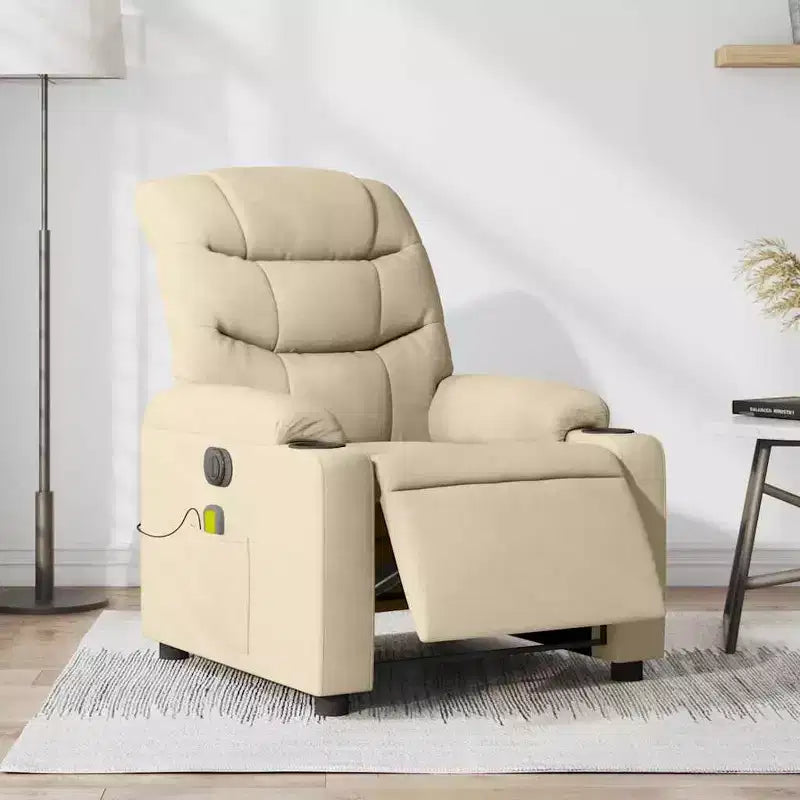 vidaXL Fauteuil inclinable de massage électrique - Tissu crème avec dossier/repose-pieds à réglage automatique, massage par vibrations, porte-gobelets pour un confort home cinéma