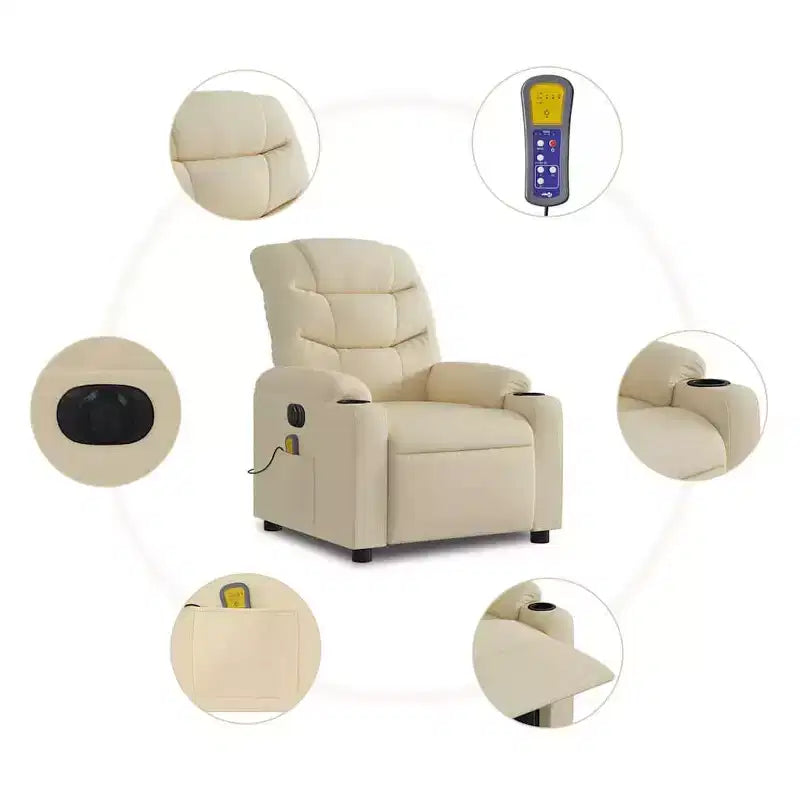 vidaXL Fauteuil inclinable de massage électrique - Tissu crème avec dossier/repose-pieds à réglage automatique, massage par vibrations, porte-gobelets pour un confort home cinéma