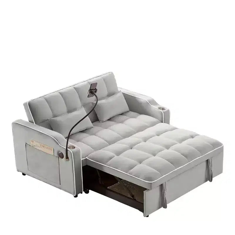 Canapé-lit pliable 3-en-1 Zeus & Ruta polyvalent en velours avec dossier réglable, port USB, cendrier et support de téléphone pivotant