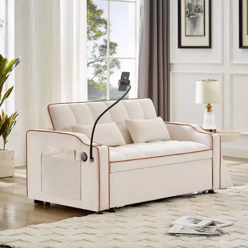 Canapé-lit pliable 3-en-1 Zeus & Ruta polyvalent en velours avec dossier réglable, port USB, cendrier et support de téléphone pivotant